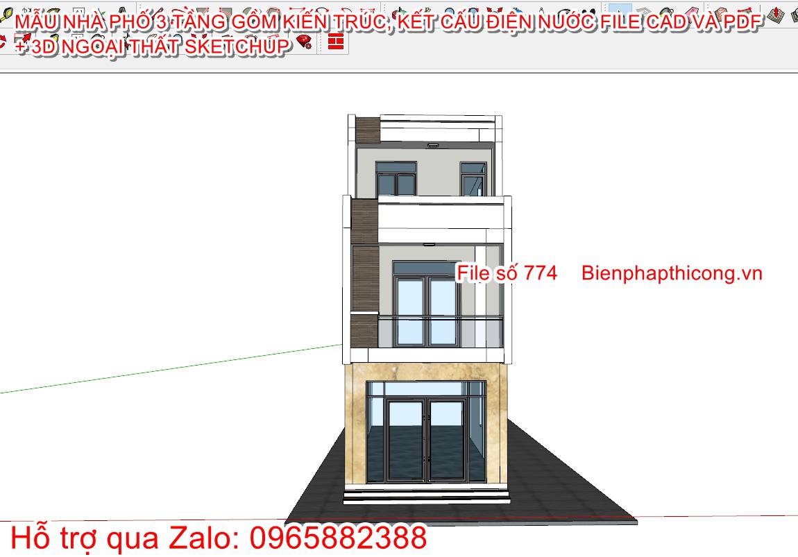 3D sketchup ngoại thất nhà ống 3 tầng 4,7m x 14,3m đẹp.
