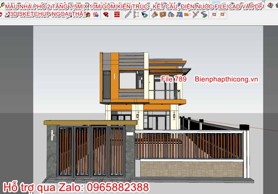 3D sketchup nhà phố 2 tầng 3 ngủ 7,5m x 10m.