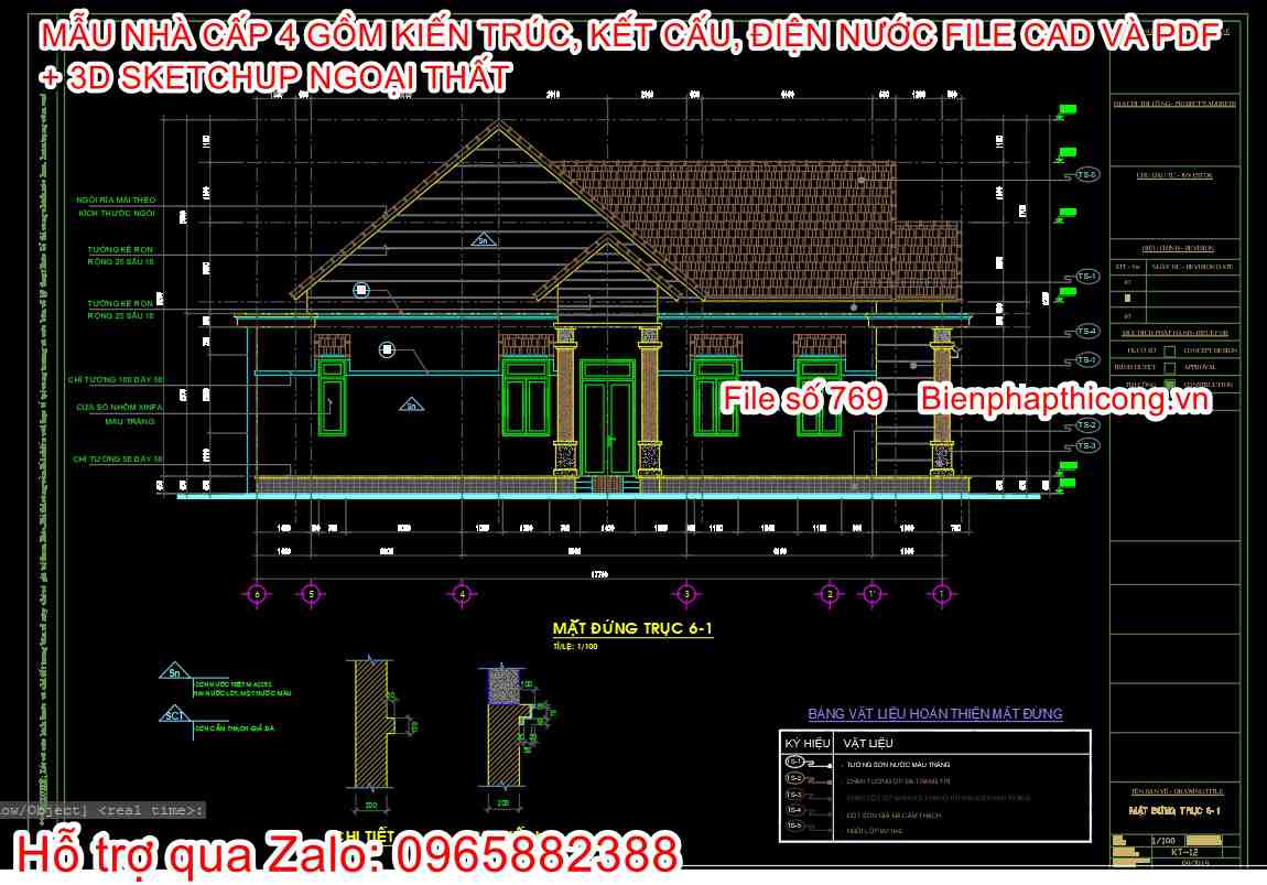 Bản vẽ cad mặt đứng nhà cấp 4 mái thái 7m x 17,7m.