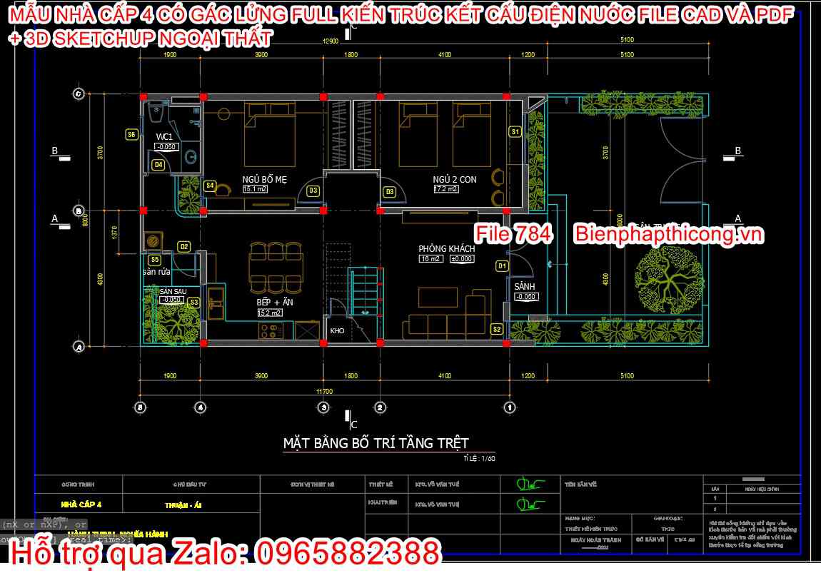 Bản vẽ cad tầng 1 nhà cấp 4 gác lửng 8m x 13m.