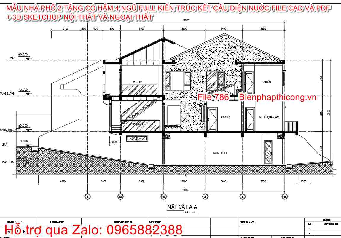 Bản vẽ mặt cắt nhà phố 2 tầng 6,7m x 22,5m 4 ngủ.