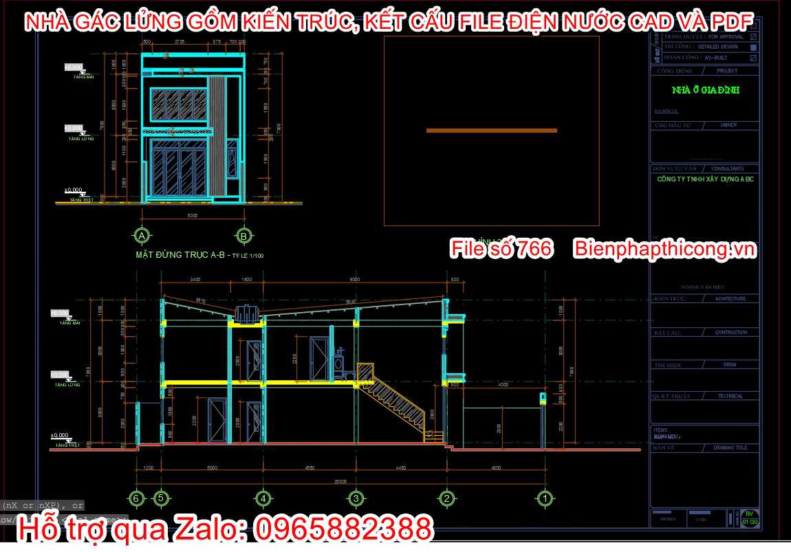 File dwg bản vẽ cad nhà 3 ngủ mặt đứng mặt cắt.