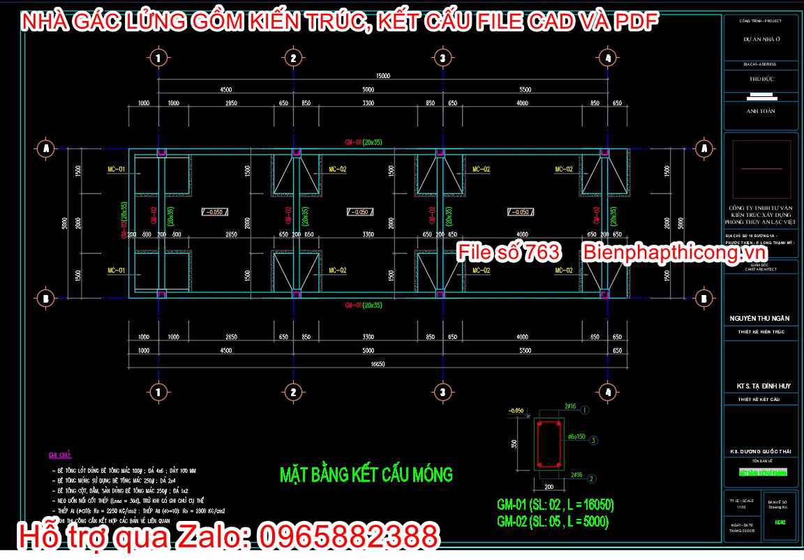 Mặt bằng móng cốc nhà gác lửng 5m x 16m.