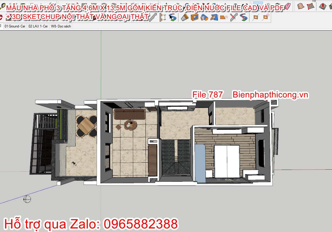 Mặt bằng nội thất tầng 3 nhà phố 3 tầng 4 ngủ.