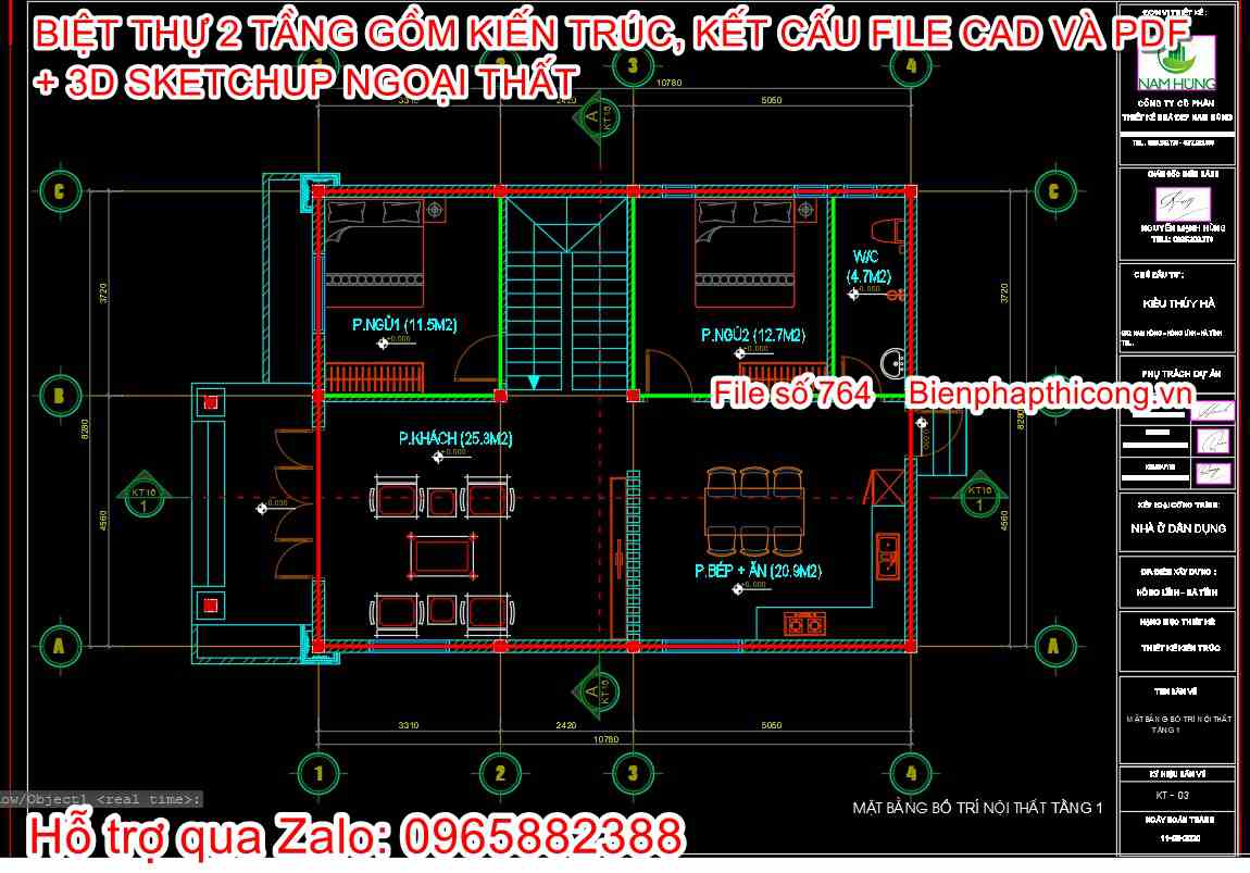 Mặt bằng tầng 1 file cad nhà mái nhật tân cổ 8,5m x 11m.