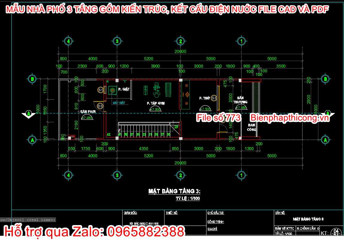 Mặt bằng tầng 3 nhà ống 3 tầng đẹp.