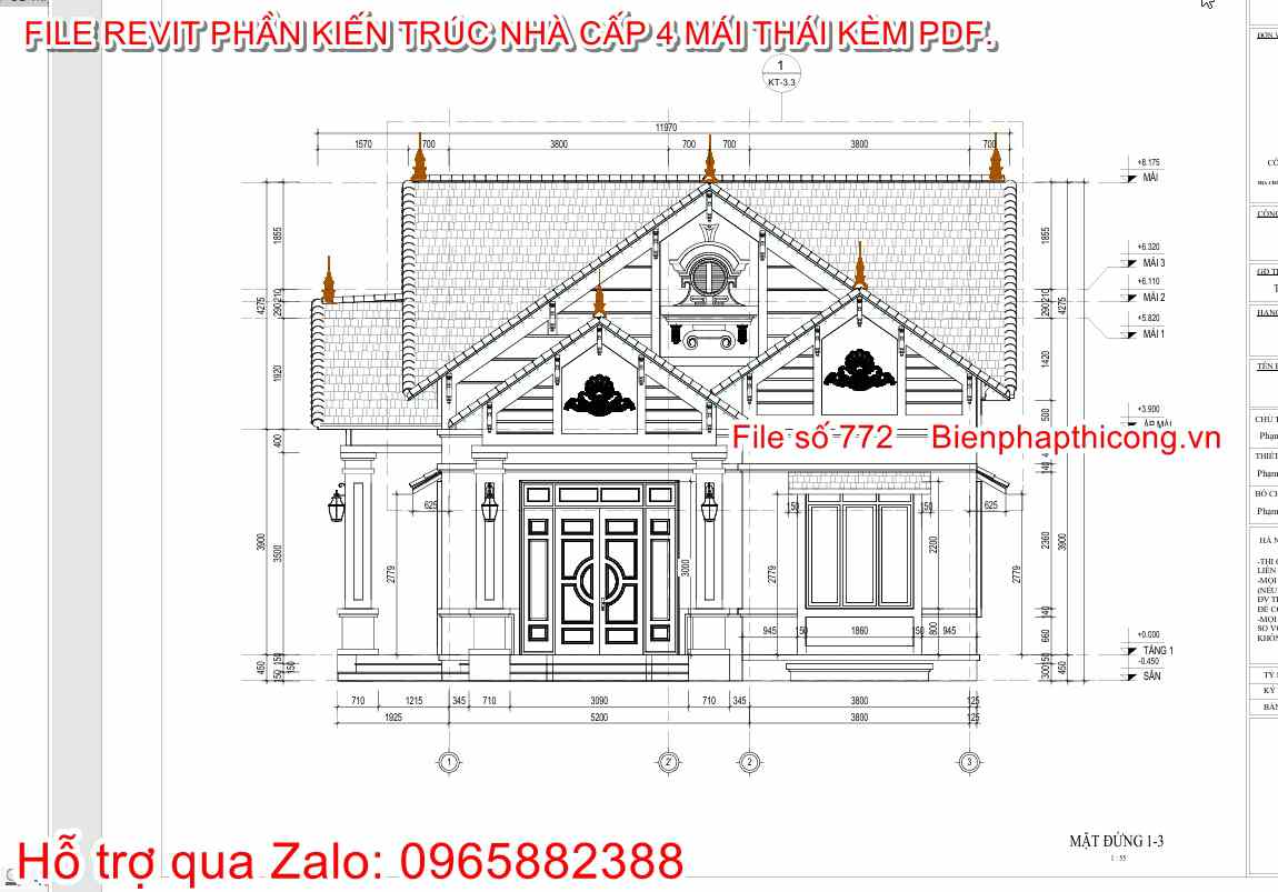 Mặt đứng bản vẽ nhà cấp 4 3 ngủ 9m x 13m.