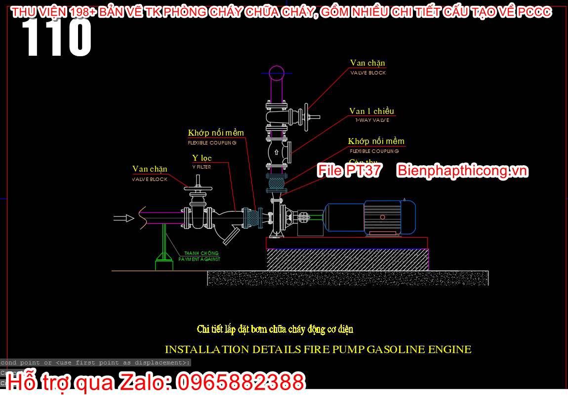 Bản vẽ chi tiết lắp đặt bơm chữa cháy động cơ điện cad.