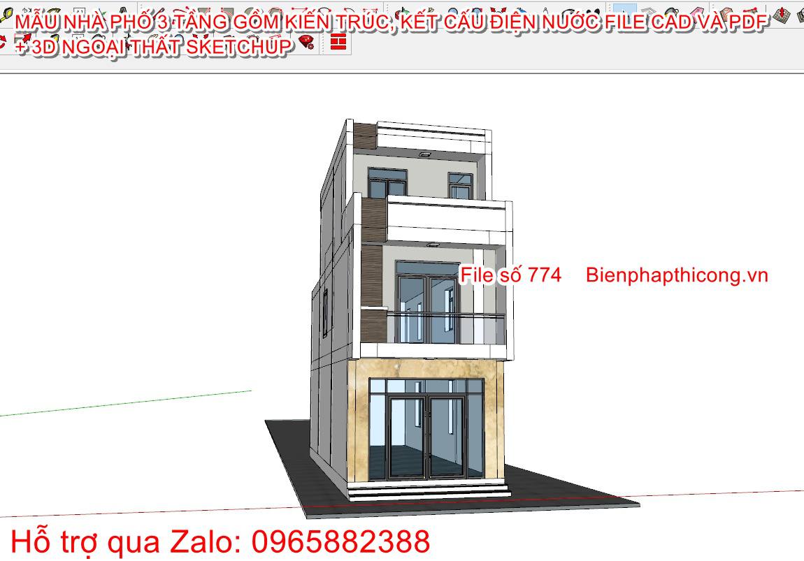 3D sketchup mặt tiền nhà phố 3 tầng 4,7m x 14,3m đẹp.