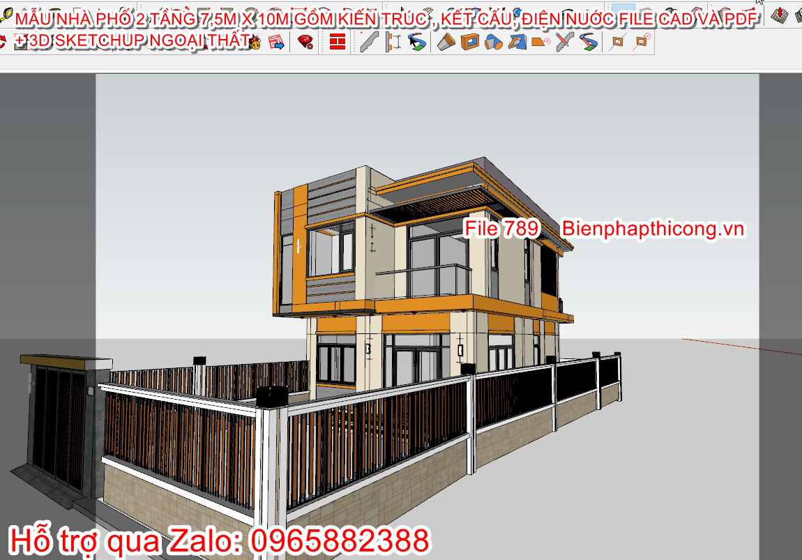 3D sketchup nhà phố 2 tầng 3 ngủ 7,5m x 10m hiện đại.