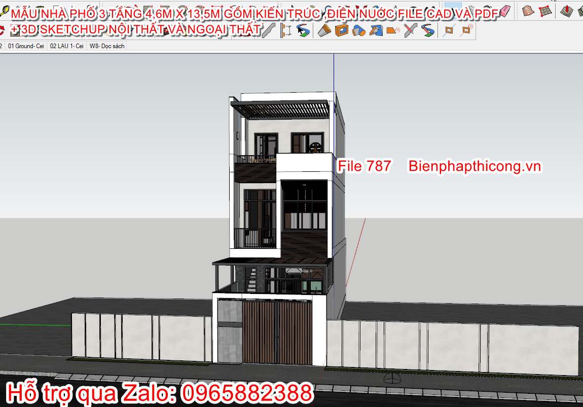 3D sketchup nhà phố 3 tầng mặt tiền 4,7m x 13,5m.