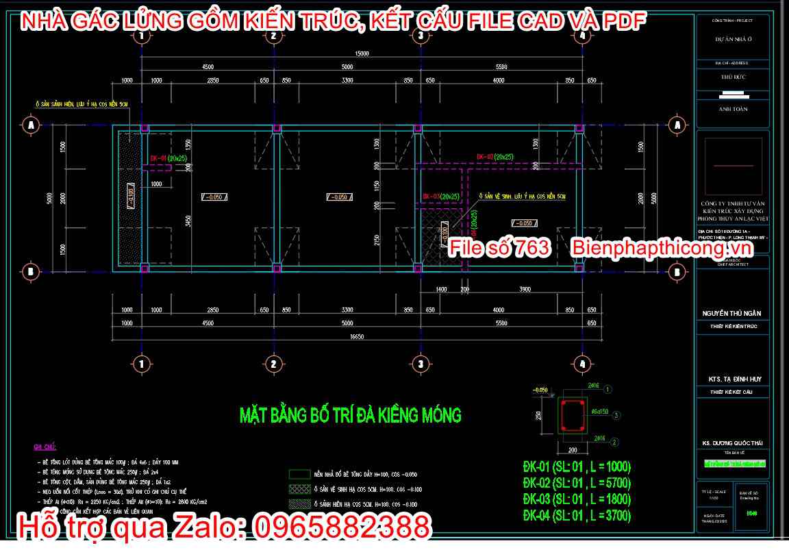 Bản vẽ mặt bằng móng nhà gác lửng 3 ngủ 5m x 16m.