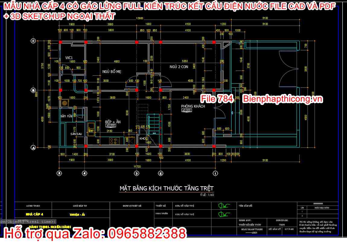 Bản vẽ xây tường nhà cấp 4 gác lửng 3 ngủ 8m x 13m.