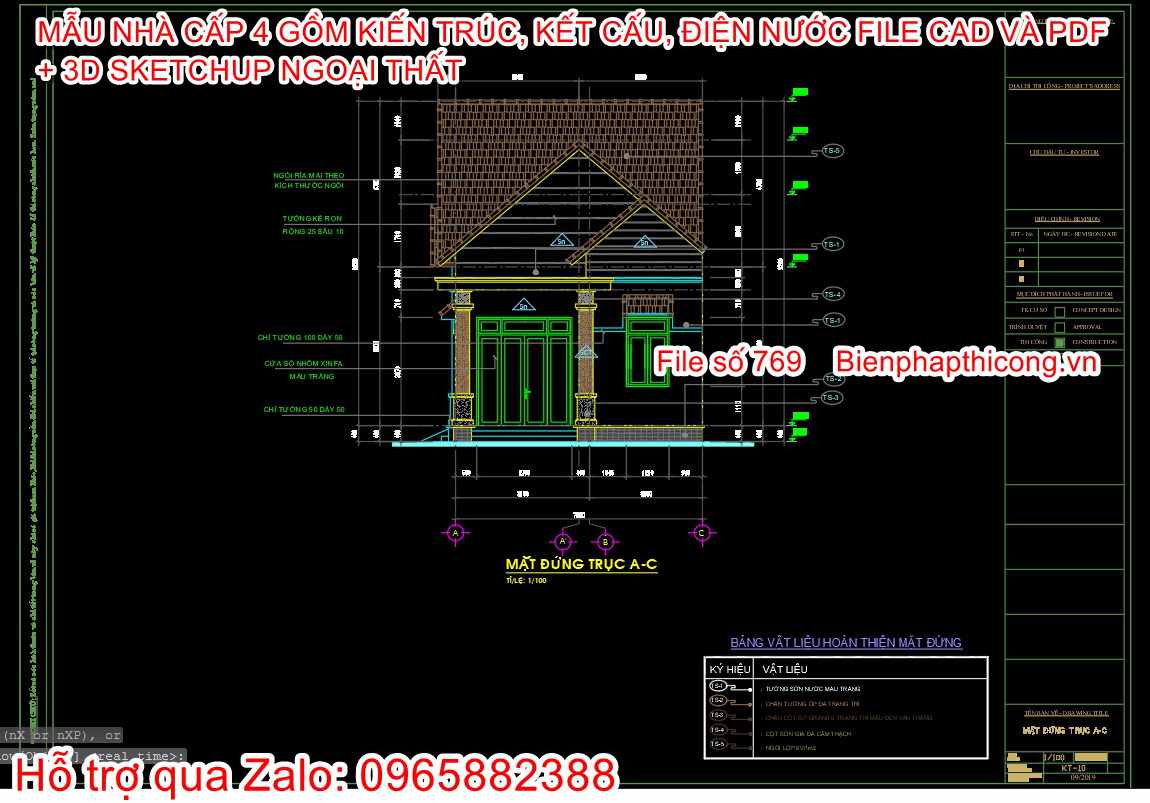 File cad thiết kế nhà cấp 4 mái thái 7m x 17,7m.