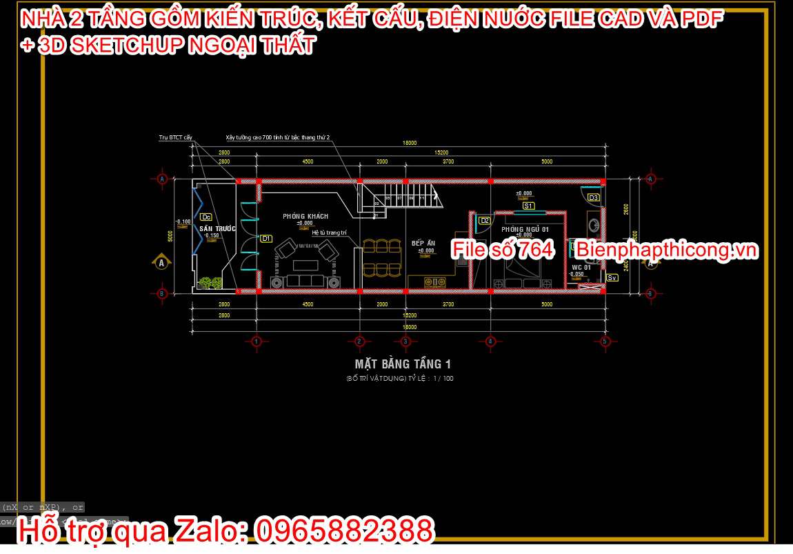 Mẫu mặt bằng nhà 1 trệt 1 lầu 5m x 18m 3 ngủ.