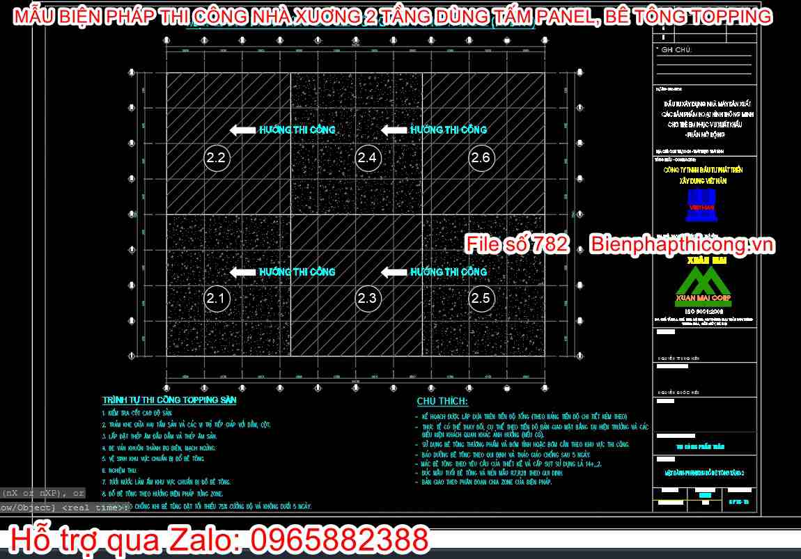 Bản vẽ biện pháp thi công đổ bê tông topping sàn nhà xưởng.