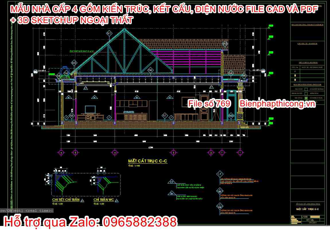 Bản vẽ cad mặt cắt nhà mái thái 3 ngủ cad đẹp.