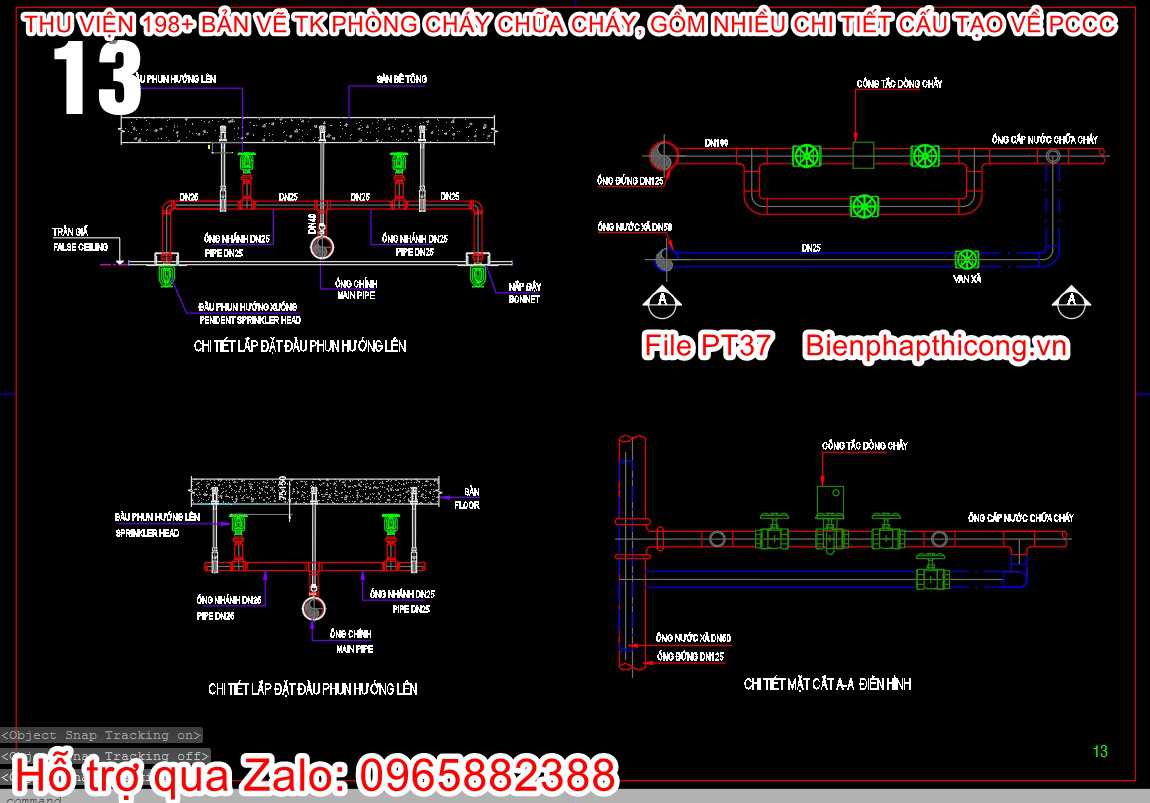 Bản vẽ chi tiết lắp đặt đầu phun hướng lên cad.