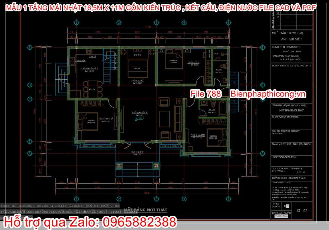 Bản vẽ mặt bằng nhà mái nhật 3 ngủ mặt tiền 16,5m.