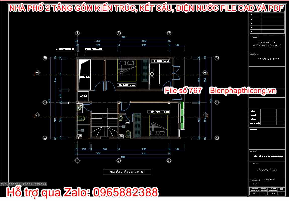 Bản vẽ mặt bằng tầng 2 nhà ống 2 tầng rộng 8m x 9m.