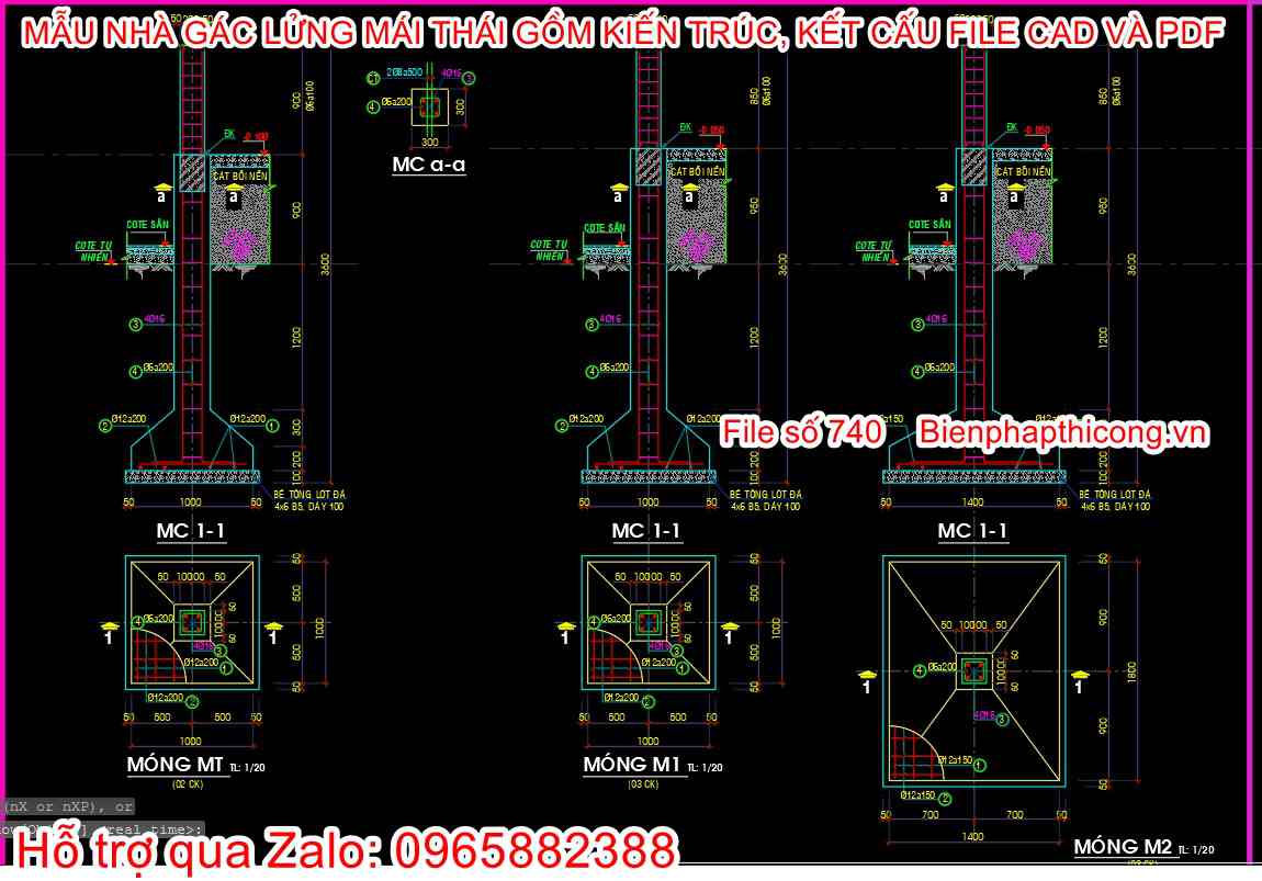 File bản vẽ cad kết cấu móng cốc nhà gác lửng 3 ngủ.