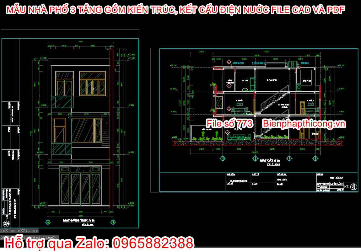 Hồ sơ bản vẽ nhà ống 3 tầng cad đẹp.