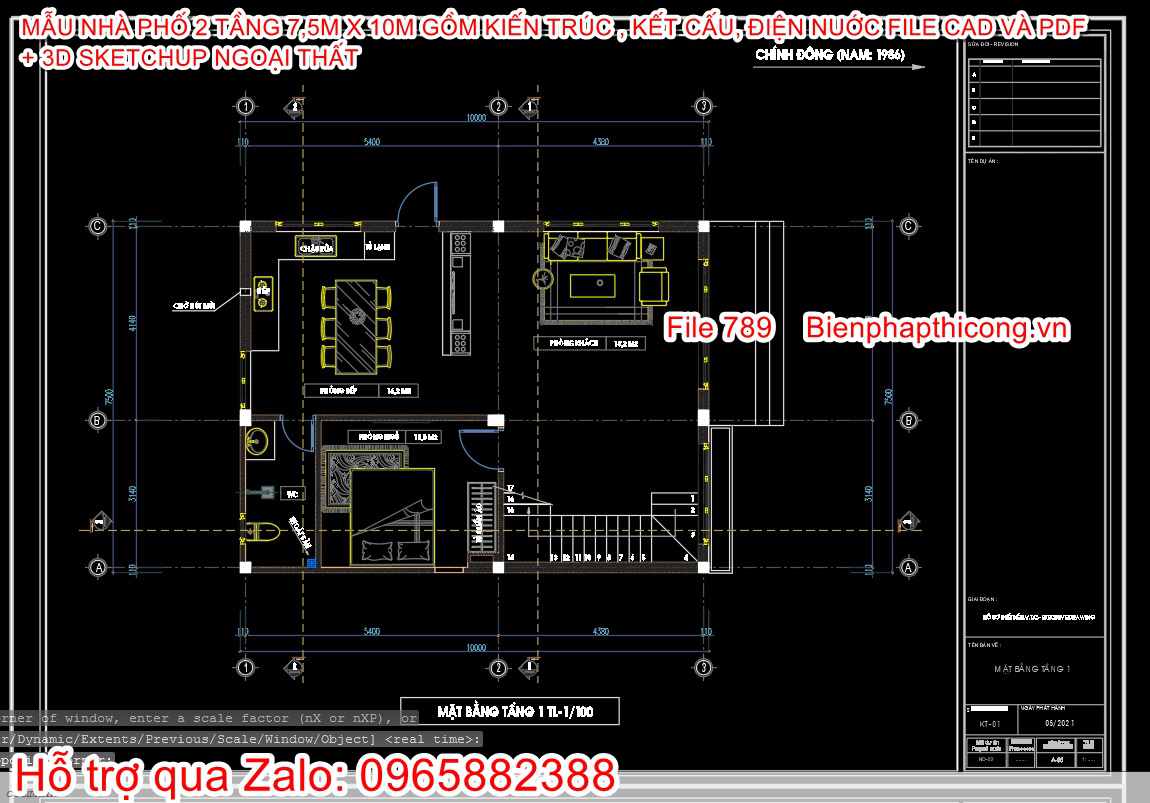 Mặt bằng cad nhà phố 2 tầng 3 ngủ 7,5m x 10m.