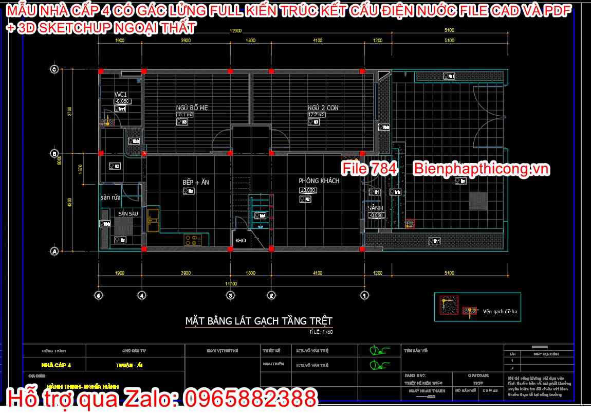 Mặt bằng lát gạch nhà cấp 4 mái thái 3 ngủ 8m x 13m.