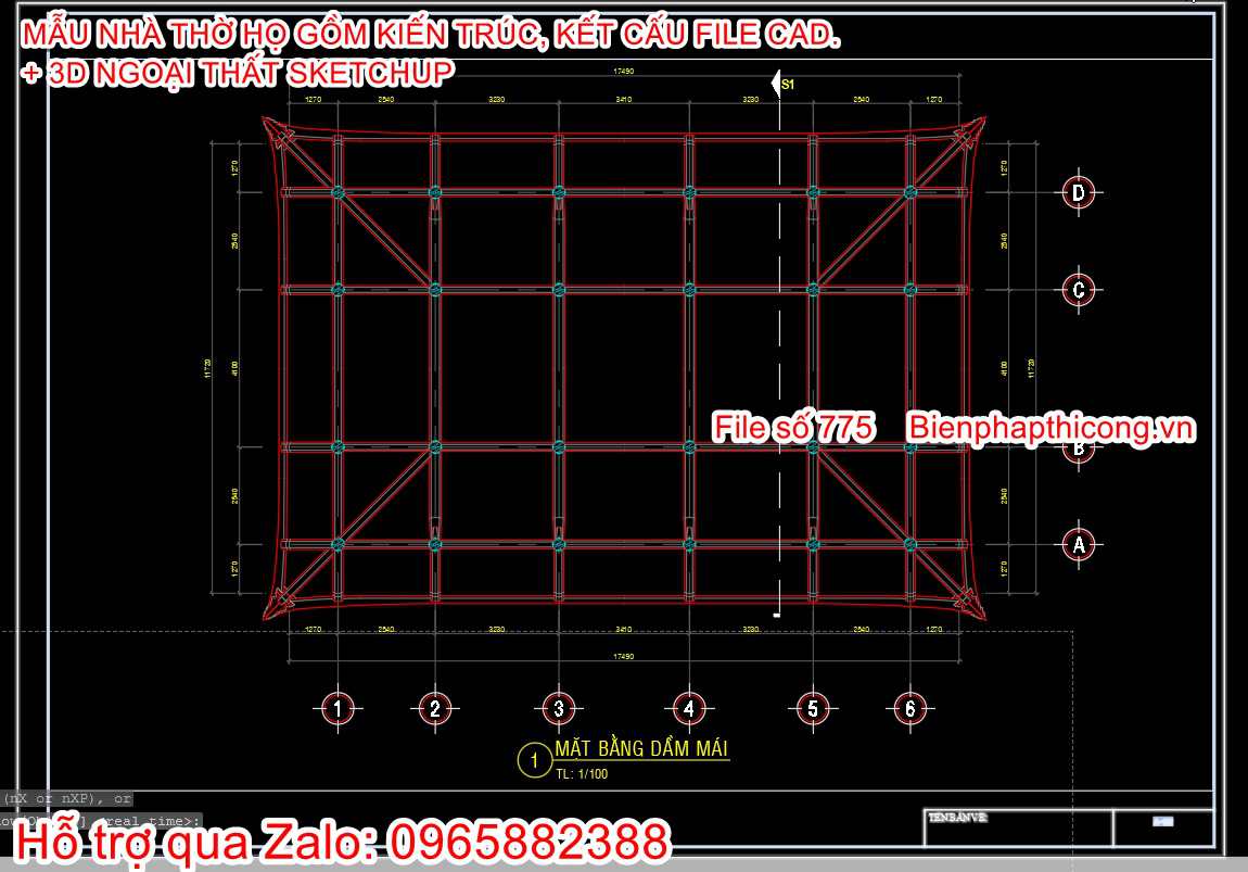 Mặt bằng mái nhà thờ họ 5 gian cad.