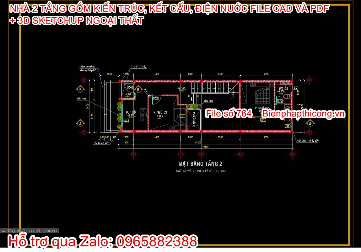 Mặt bằng tầng 2 cad nhà ống 2 tầng ngang 5m x 18m.