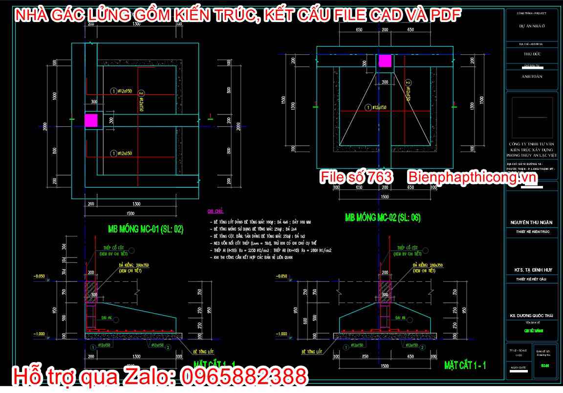 Thiết kế móng cốc nhà gác lửng 5m x 16m.