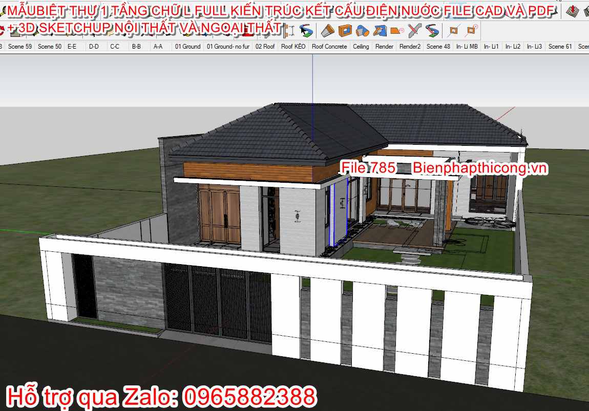 3D sketchup ngoại thất nhà 3 ngủ mái nhật chữ L.