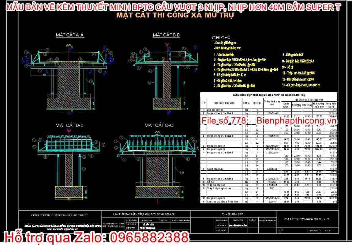 Bản vẽ biện pháp thi công xà mũ trụ.