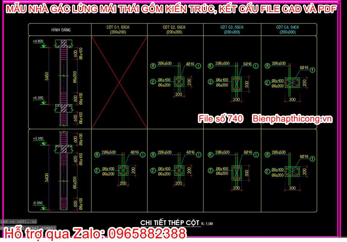 Bản vẽ chi tiết cột nhà gác lửng 7m x 17,3m.