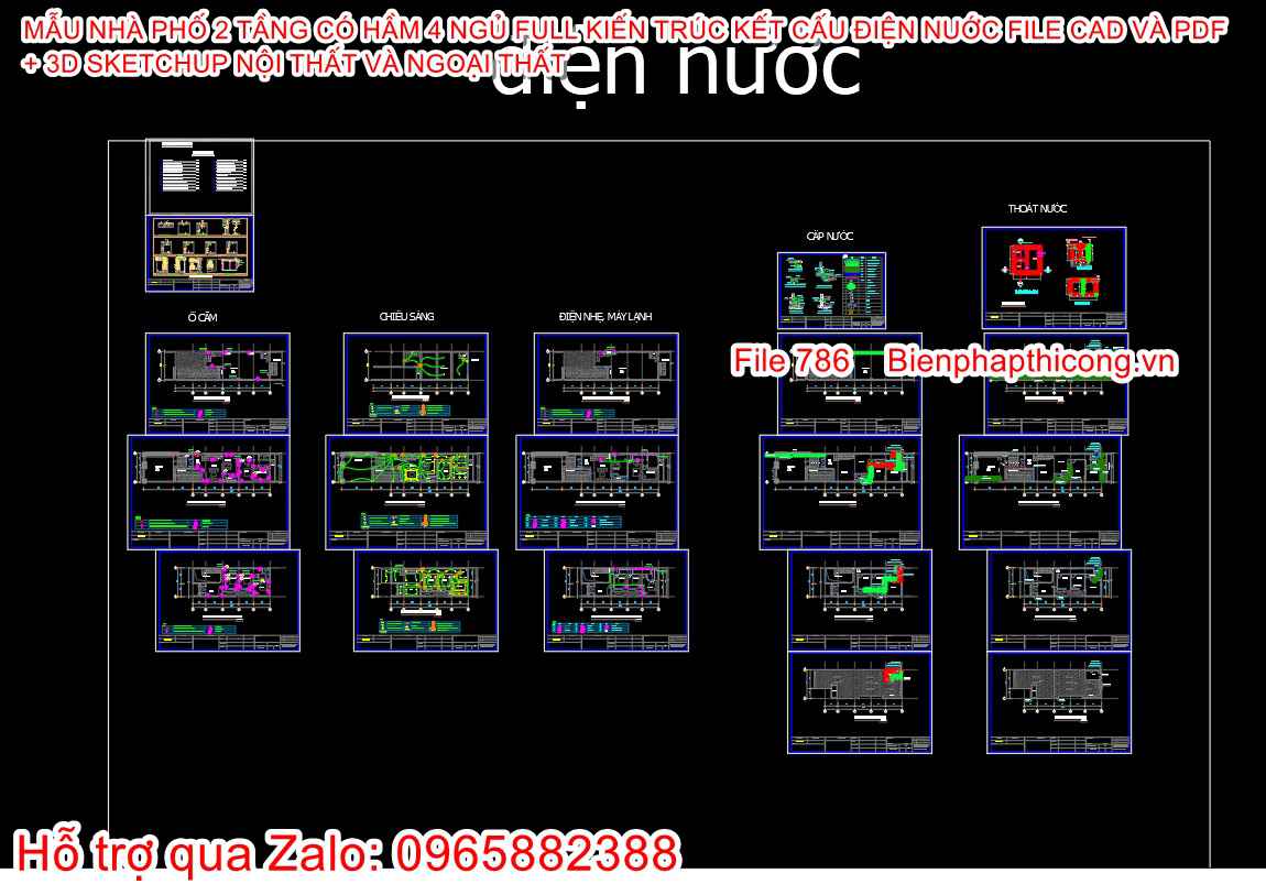 Bản vẽ điện nước nhà phố 2 tầng 4 ngủ 6,7m x 22,5m.