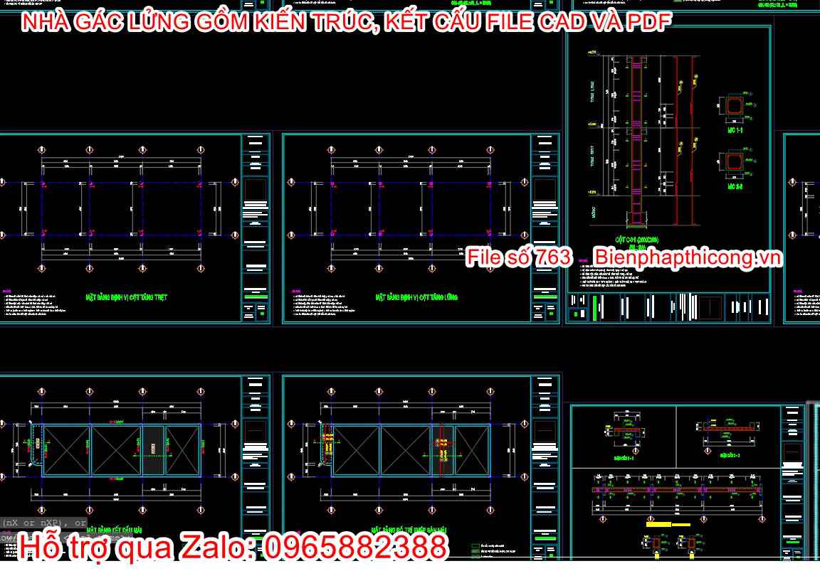 Bản vẽ kết cấu nhà cấp 4 gác lửng 5m x 16m.