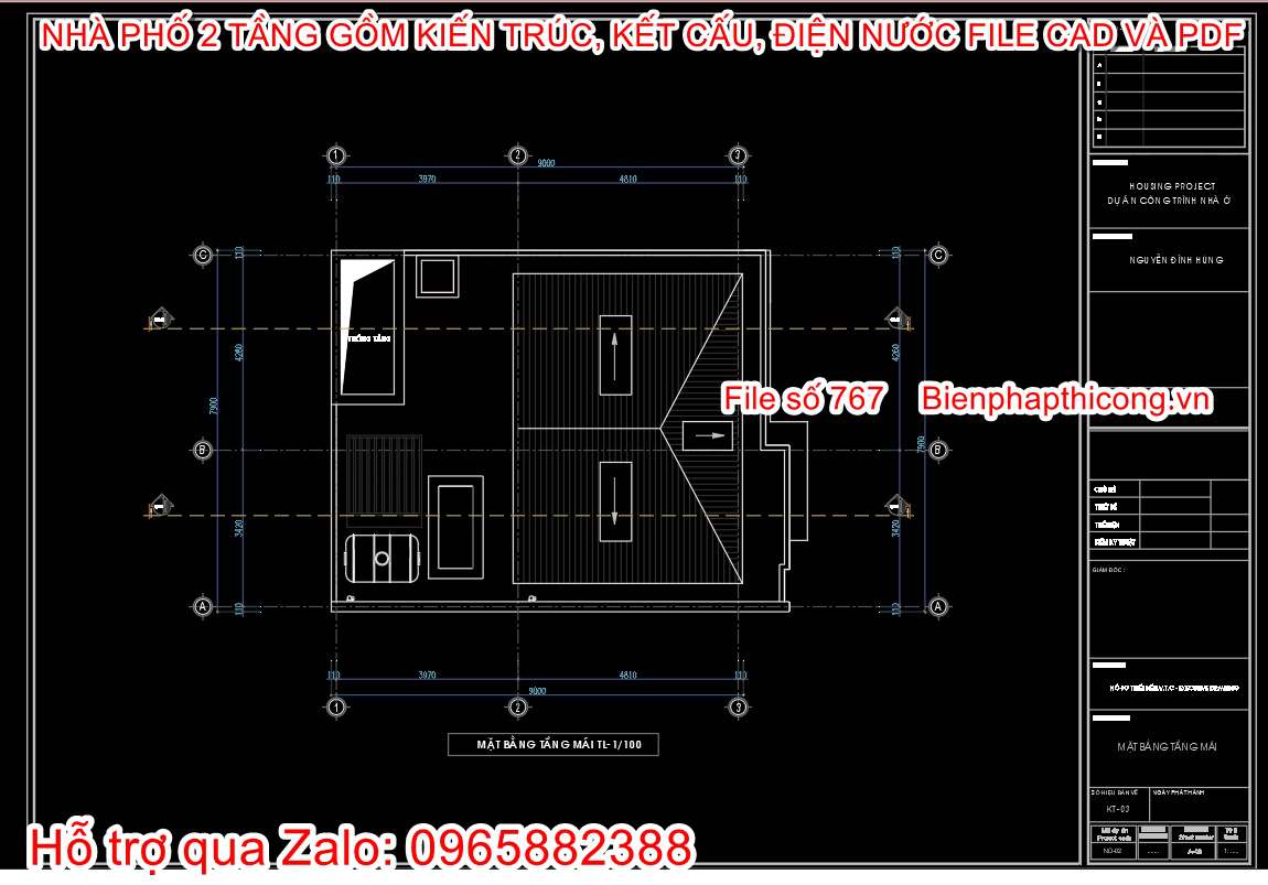 Bản vẽ mặt bằng mái nhà phố 2 tầng rộng 8m x 9m.