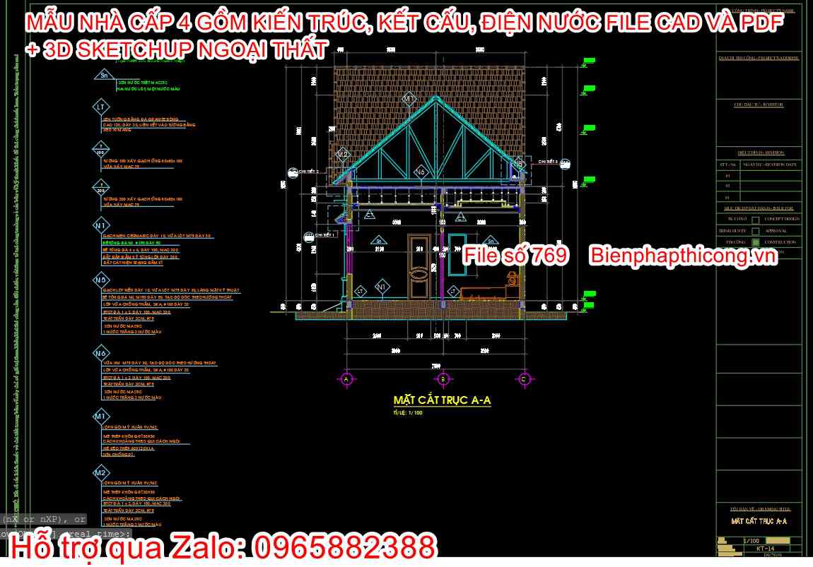 Bản vẽ thiết kế mặt cắt nhà cấp 4 mái thái 3 ngủ.