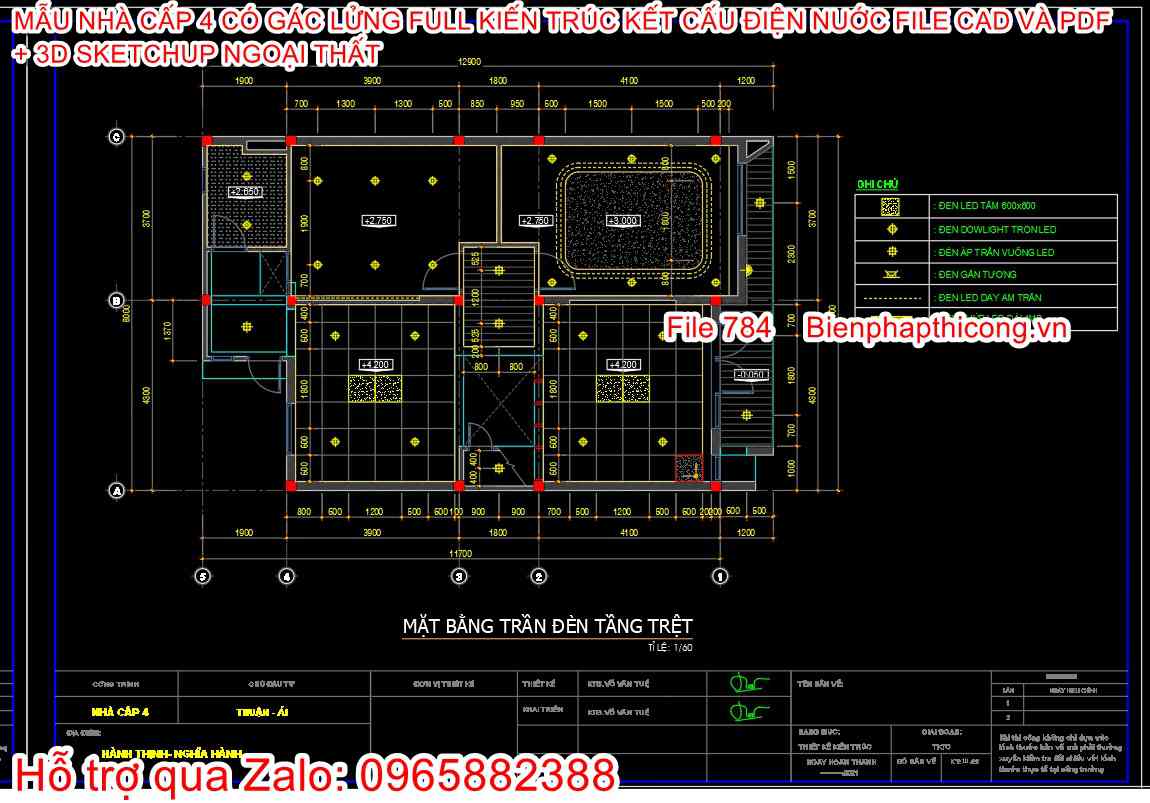 File thiết kế mặt bằng trần nhà cấp 4 gác lửng 3 ngủ.