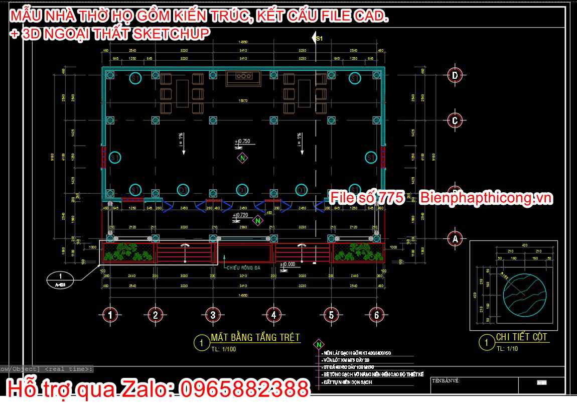 Mặt bằng nhà thờ họ 5 gian 9,2m x 15,8m.