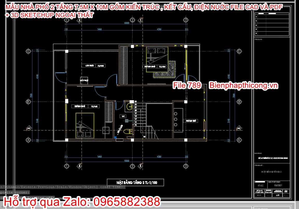 Mặt bằng tầng 2 nhà phố 2 tầng rộng 7,5m x 10m.
