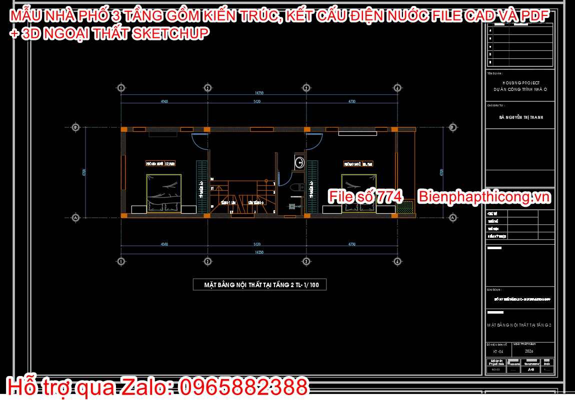 Tải file bản vẽ cad nhà ống 3 tầng 4,7m x 14,3m 3 ngủ.