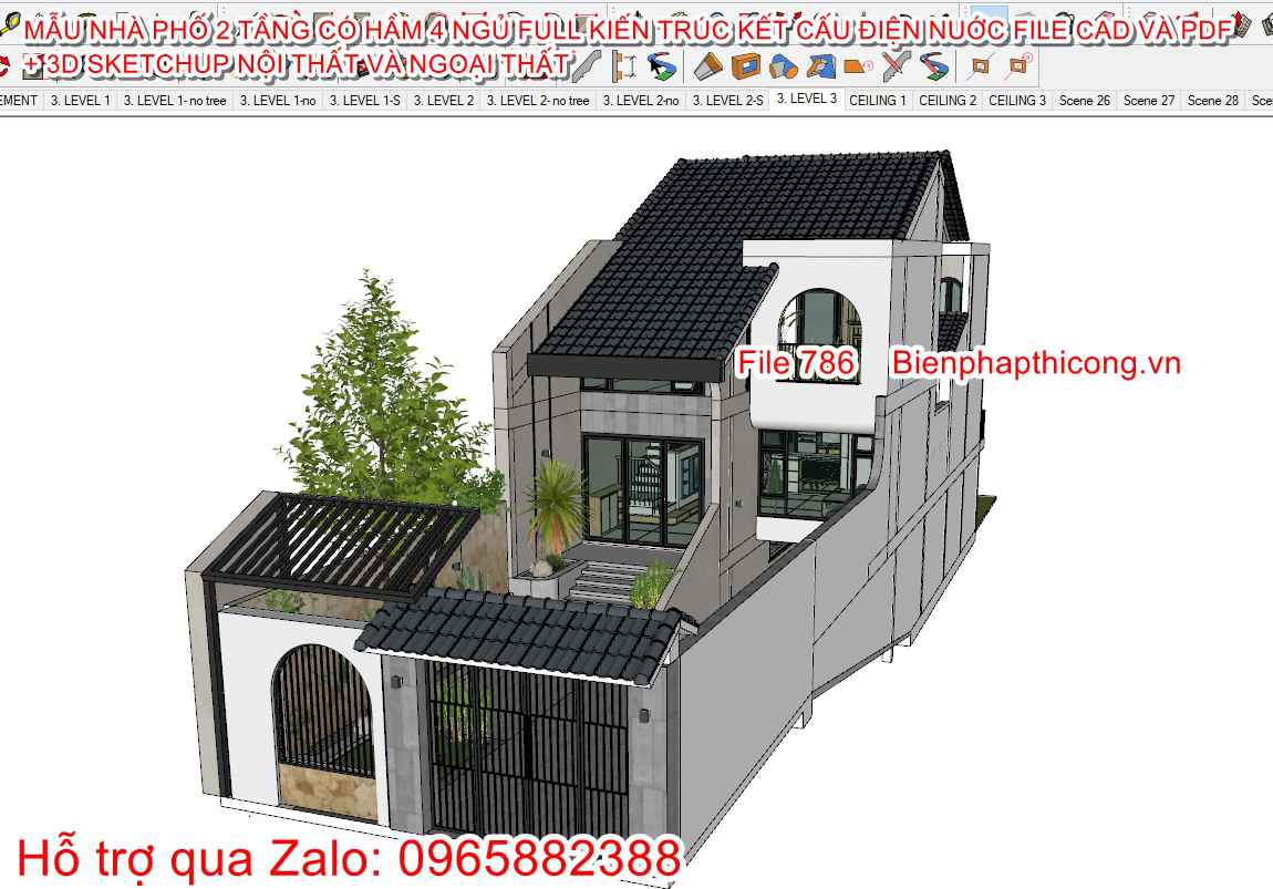 3D sketchup nhà phố 2 tầng có hầm 6,7m x 22,5m 4 ngủ.