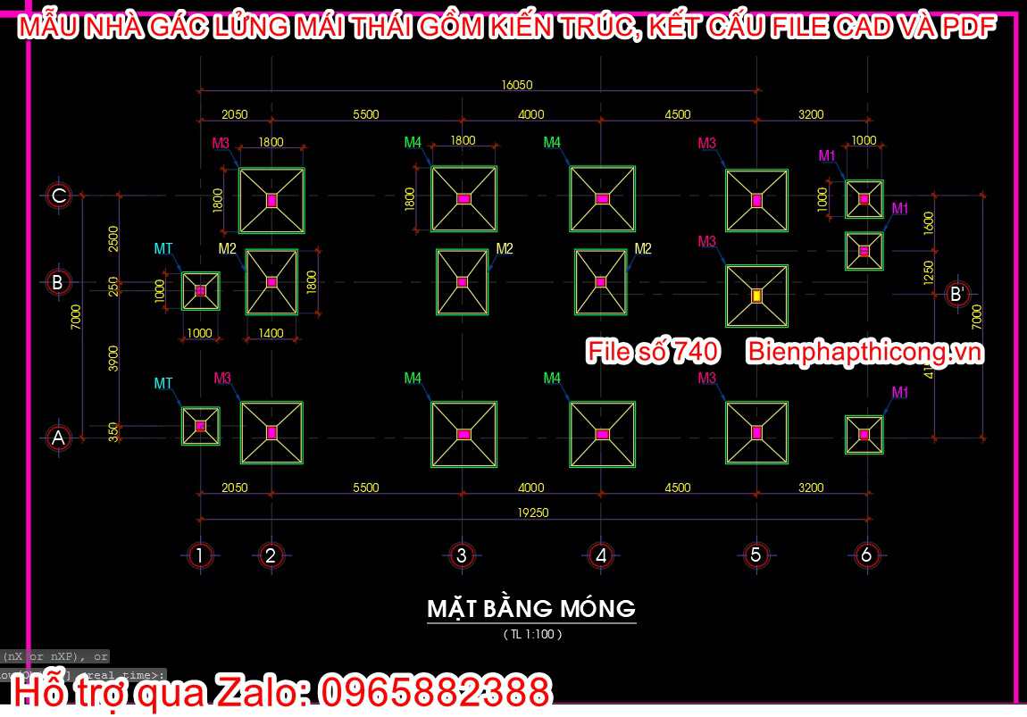 Bản vẽ chi tiết móng cốc nhà gác lửng 7m x 17,3m.