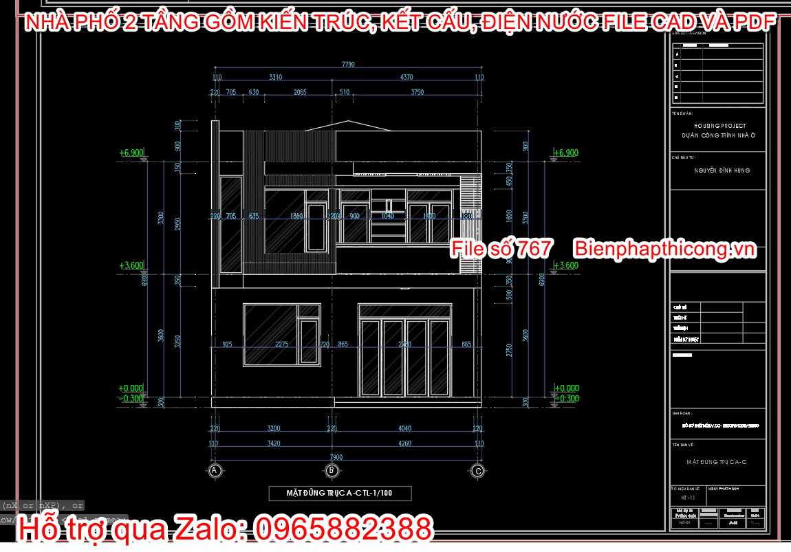 Bản vẽ mặt đứng nhà phố 2 tầng đẹp.