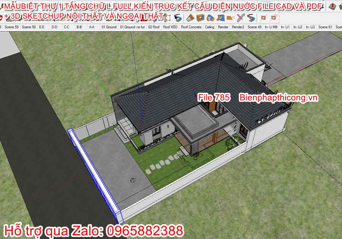 File 3d sketchup nhà 1 tầng 3 ngủ chữ L đẹp.