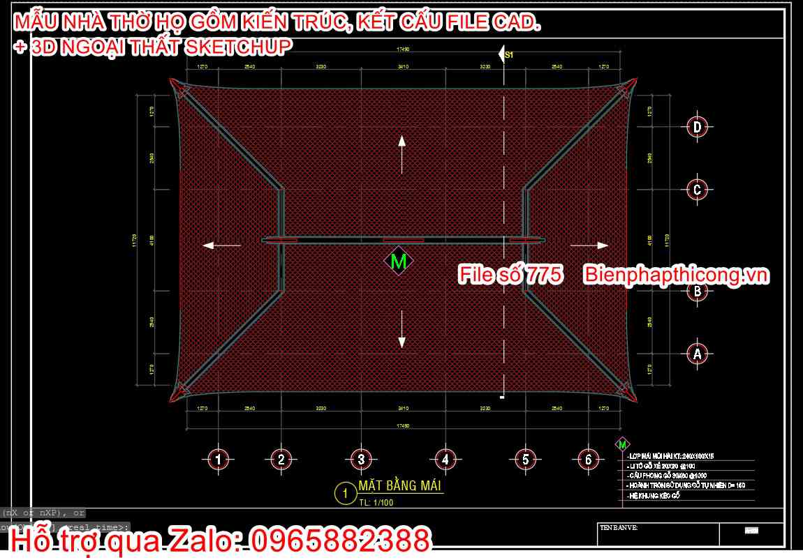 File autocad mái nhà thờ họ 5 gian cad 9,2m x 15,8m.
