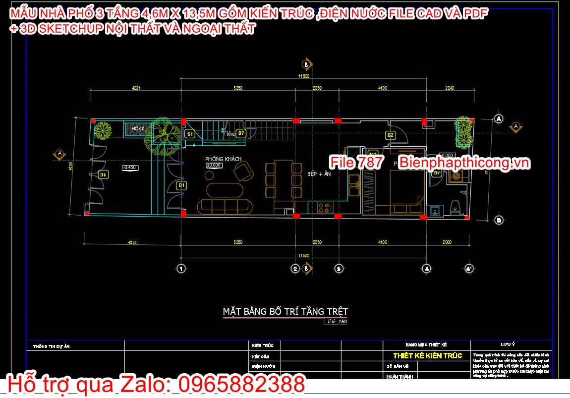File thiết kế cad nhà phố 3 tầng 4 ngủ rộng 4,6m.