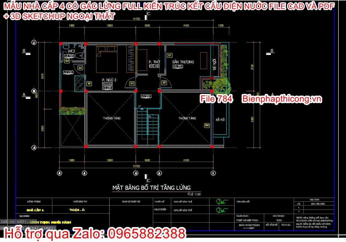 Mặt bằng bố trí tầng lửng cad 3 ngủ 8m x 13m.