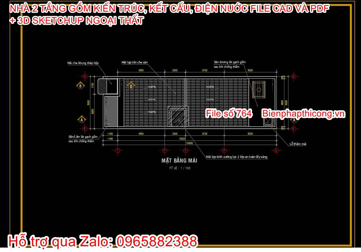 Mặt bằng mái nhà 2 tầng 5m x 18m.